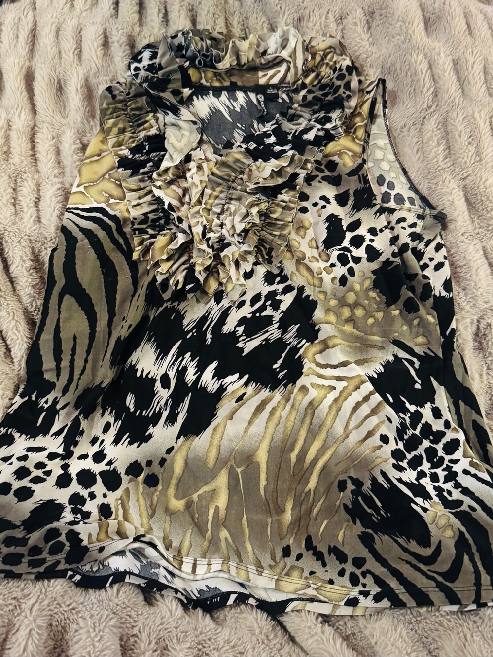Milani Sleeveless Ruffle V-Neck Animal Print Blouse - Black, White & Olive